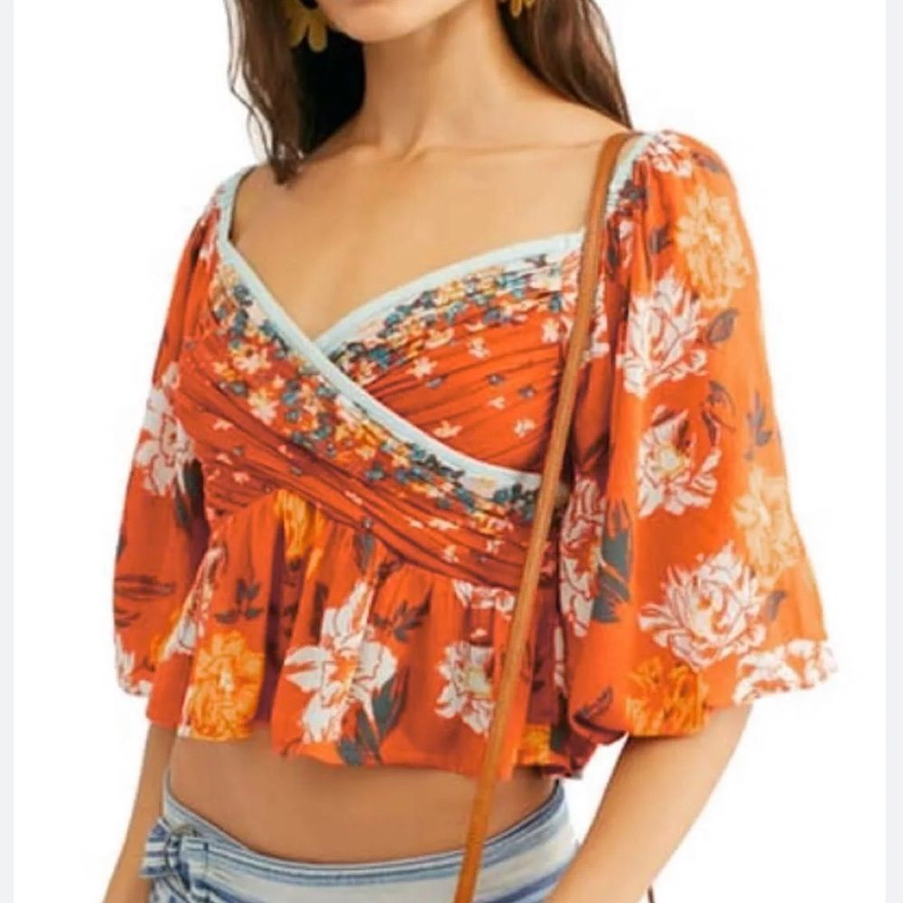 Free People Free Burnt Orange Floral Mirabella A-Line Peplum Top Size XS